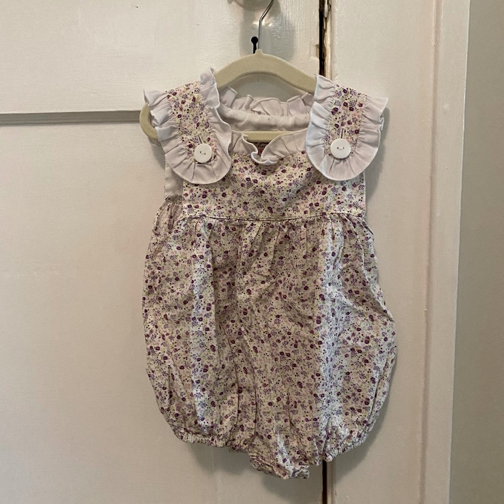 The Smocking Place purple floral bubble with button straps